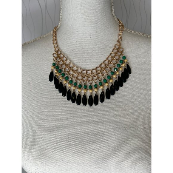 Statement Necklace Gold Chain Green Beads Teardrop Dangles Boho Chic Layered Bib - Picture 1 of 1